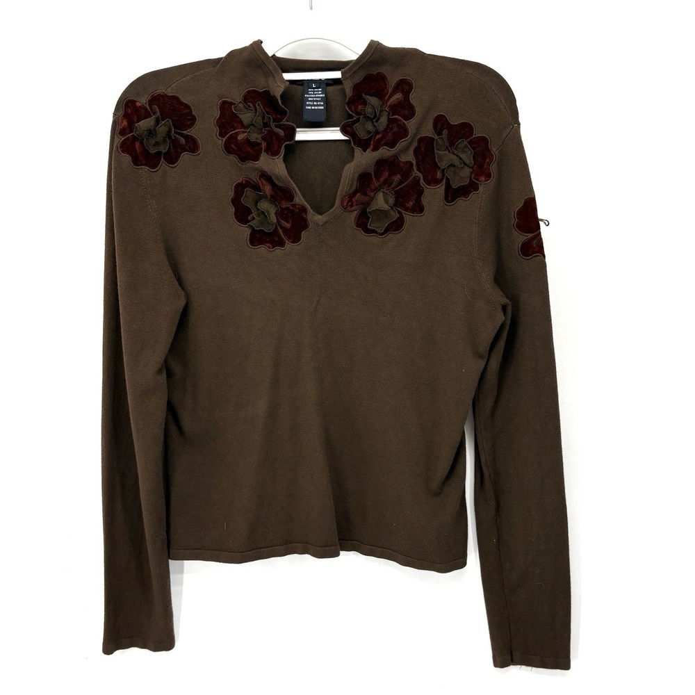 Cabo Sweater Womens Large Brown Velvet Floral Applique Y2K